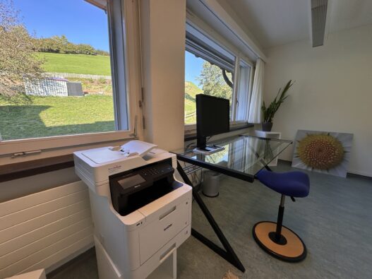 Workation Raum 1 mit Drucker und Aussicht auf den Permakulturgarten
