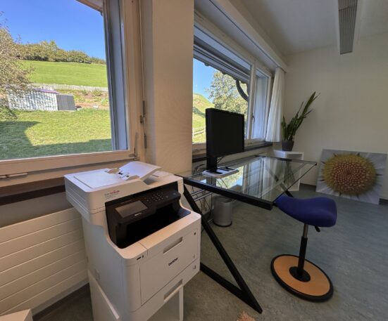 Workation Raum 1 mit Drucker und Aussicht auf den Permakulturgarten